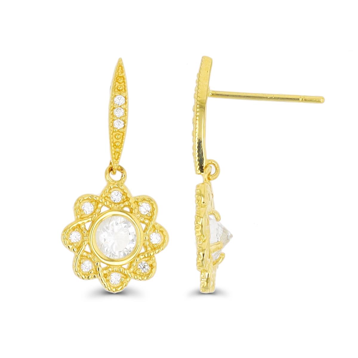 10K Yellow Gold Milgrain Flower Dangling Earring with Silicone Back