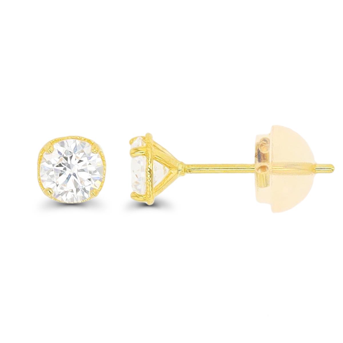 10K Yellow Gold 4mm Rd CZ Subtle Milgrain Stud Earring with Silicone Back