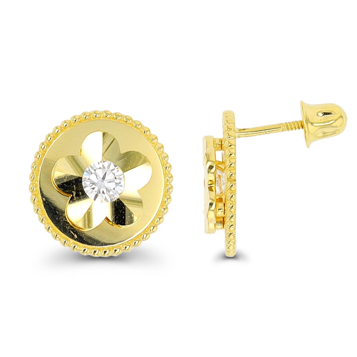 10K Yellow Gold 3.5mm Rd CZ DC Flower Screwback Stud Earring