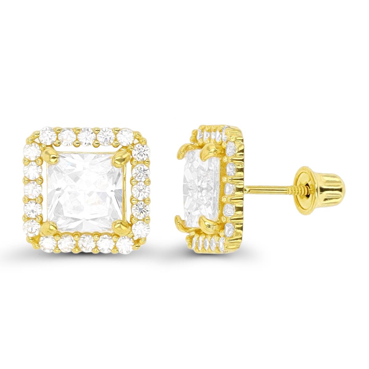 10K Yellow Gold 5mm Sq CZ Halo Screwback Stud Earring