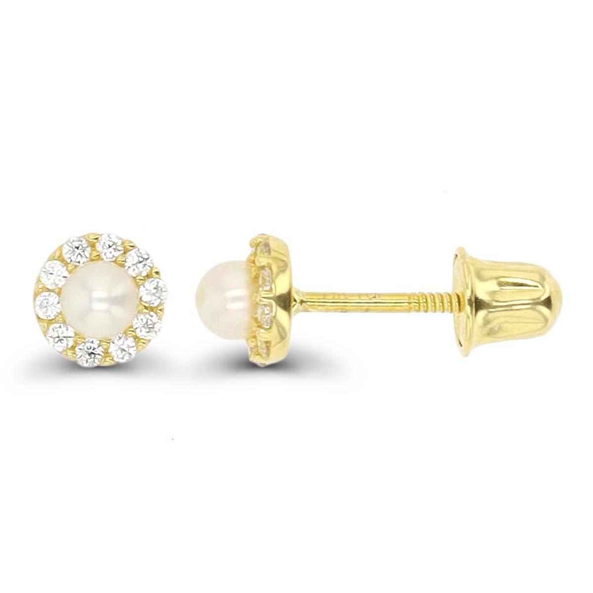 10K Yellow Gold 2mm Pearl/ CZ Flower Screwback Stud Earring