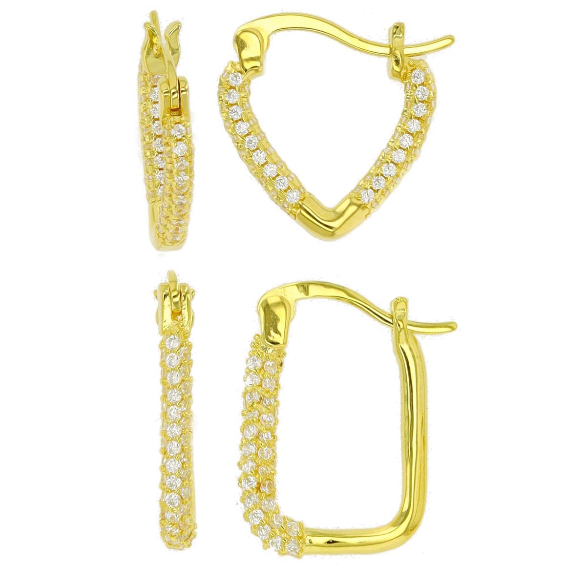 Sterling Silver Yellow Pave Squared Hoop & "V" Huggie Earring Set