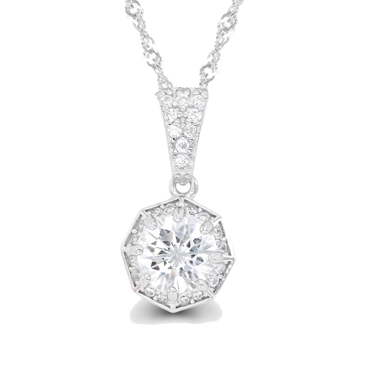 Sterling Silver Rhodium 6mm RD CZ Hexagon Halo 18"+2" Singapore Necklace