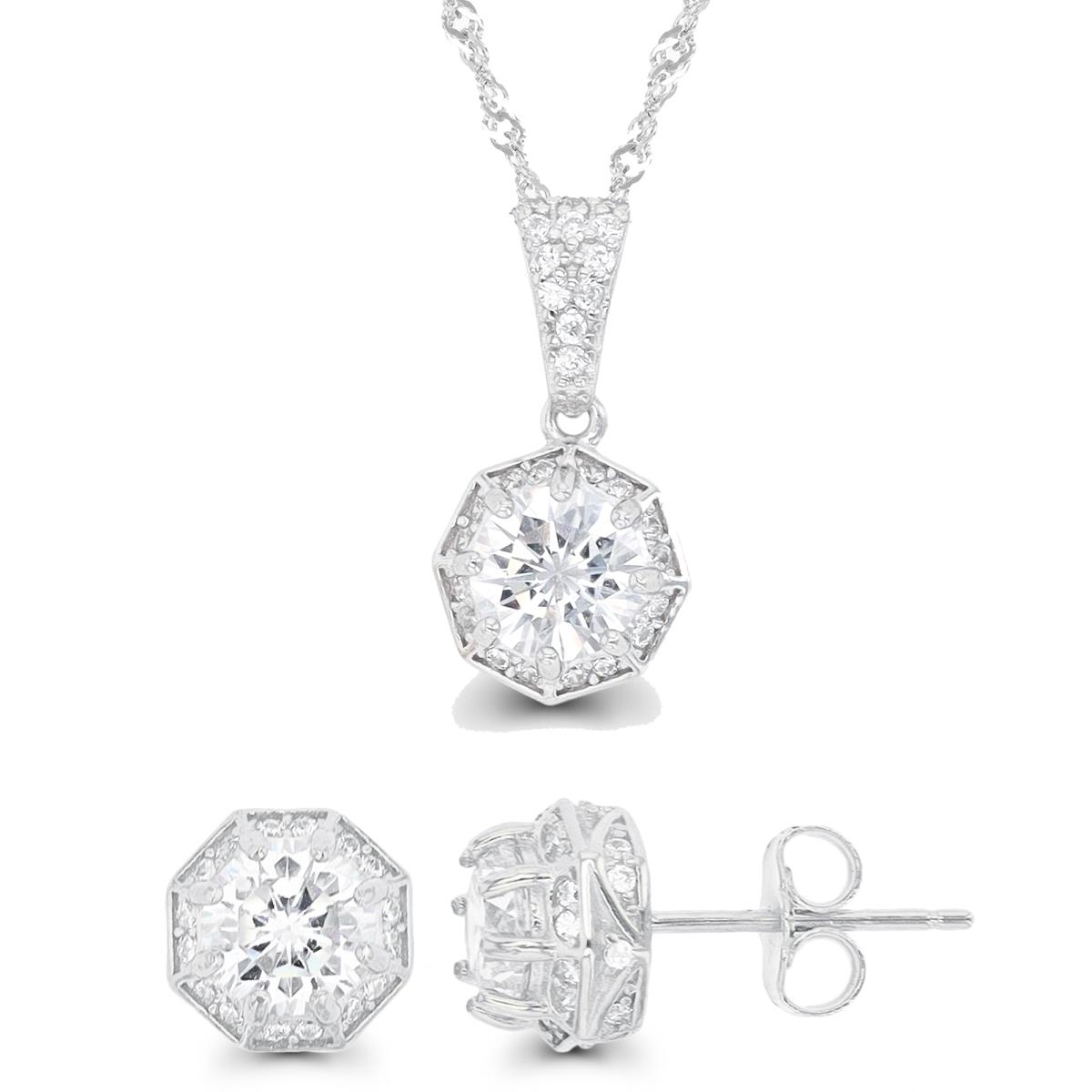 Sterling Silver Rhodium 6mm RD CZ Hexagon Halo 18"+2" Necklace & Earring Set