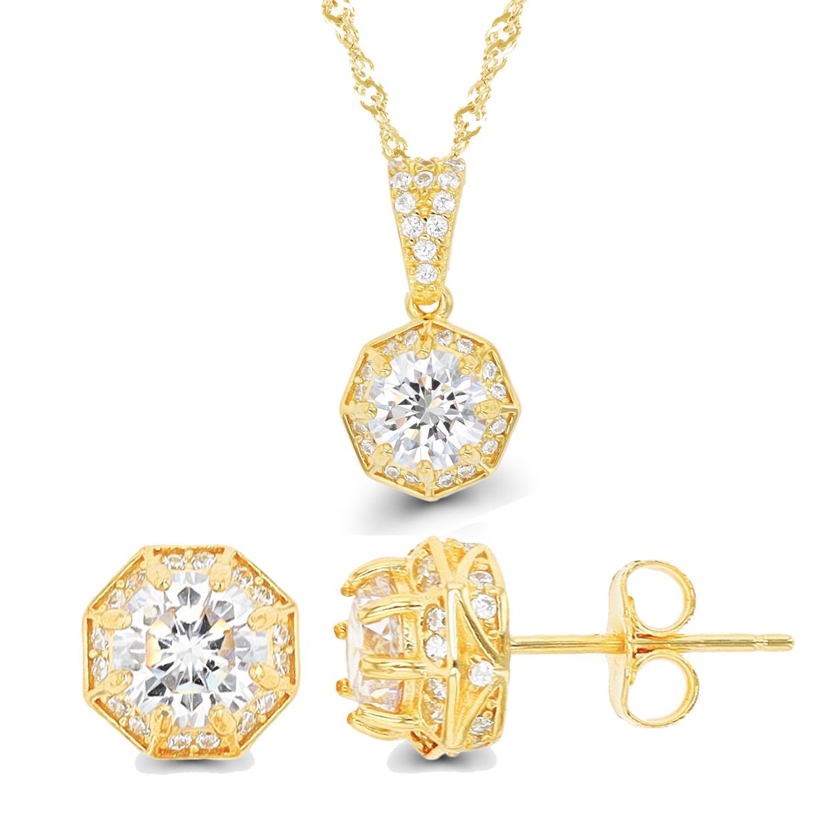 Sterling Silver Yellow 6mm RD CZ Hexagon Halo 18"+2" Necklace & Earring Set