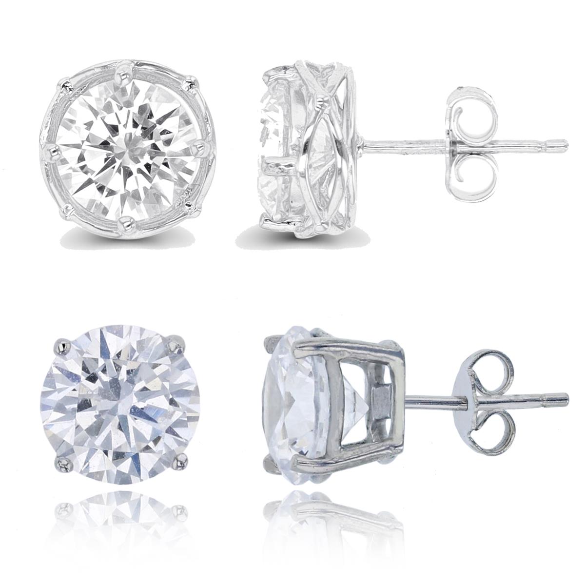 Sterling Silver Rhodium 8mm Rd CZ Solitaire Stud Earring Set
