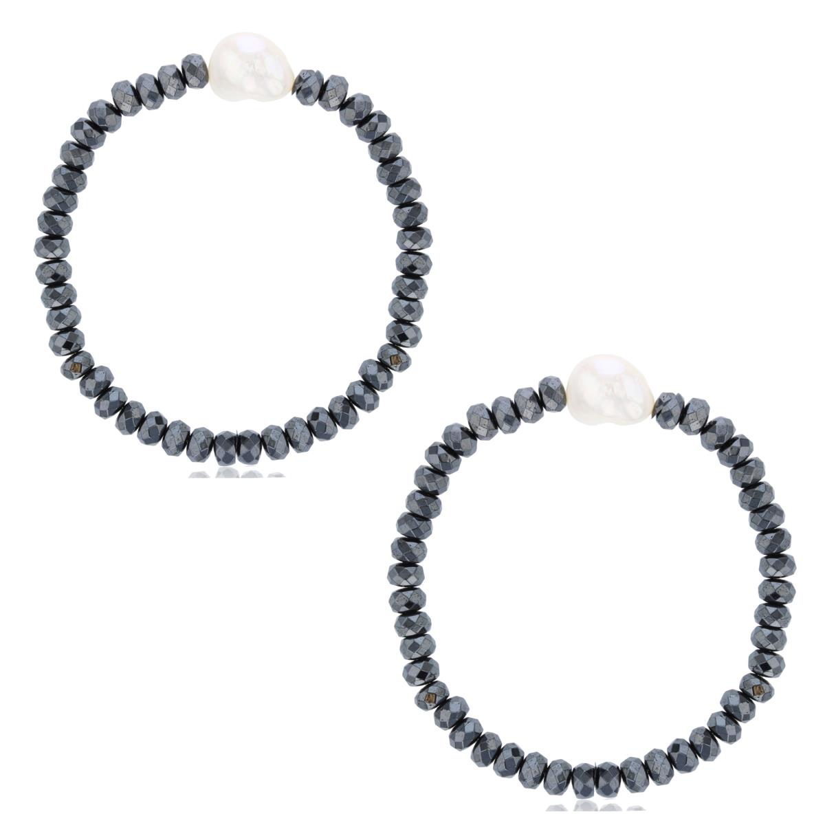 11-12mm Baroque Pearl & 4x6mm Hematite Beads Stretch Bracelet Set of 2