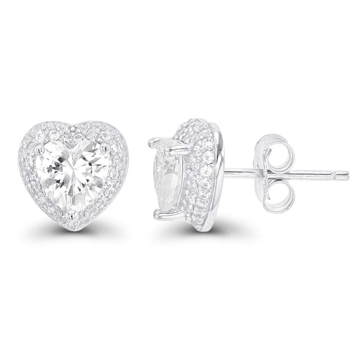 Sterling Silver Rhodium 6mm Heart CZ Domed Halo Stud Earring
