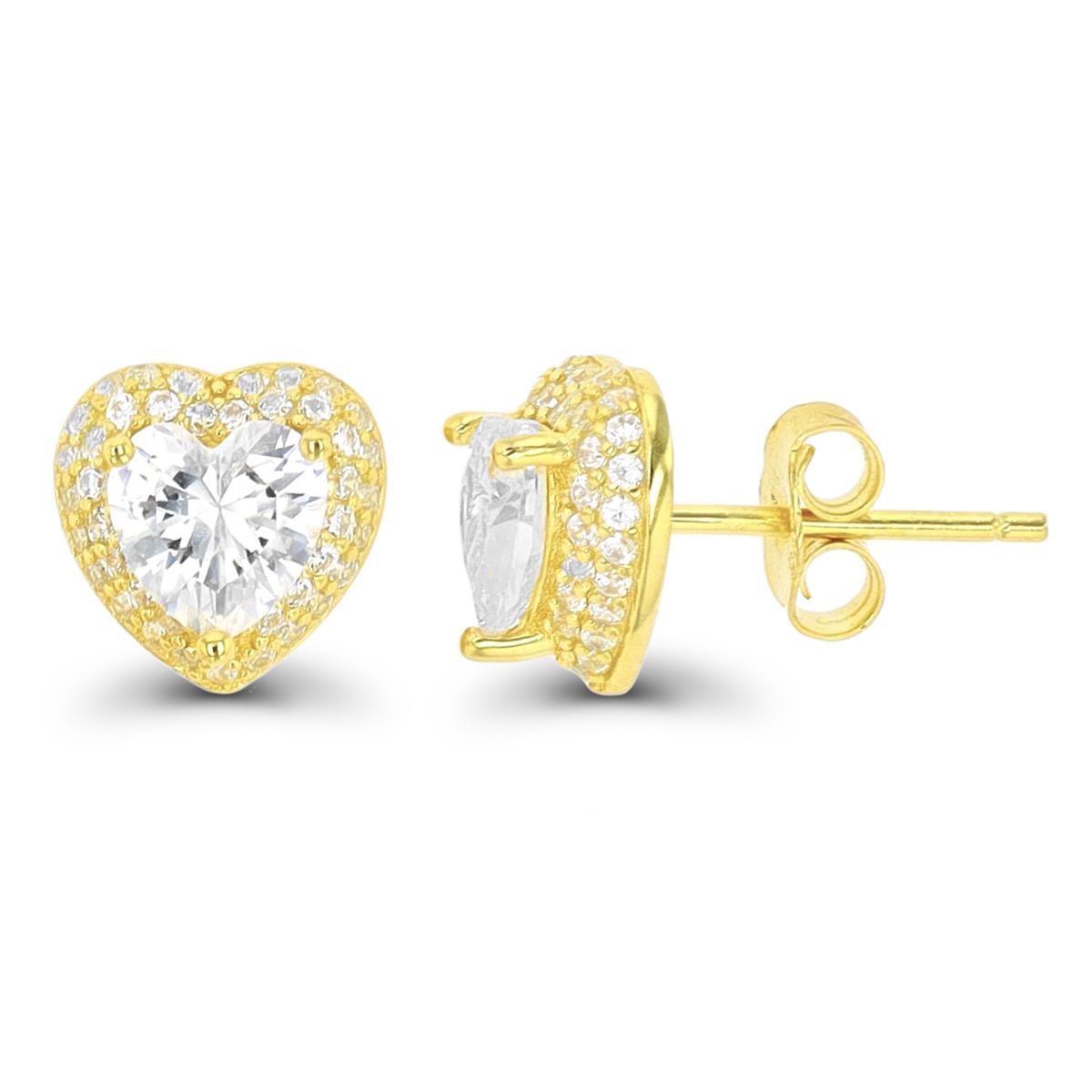 Sterling Silver Yellow 1-Micron 6mm Heart CZ Domed Halo Stud Earring