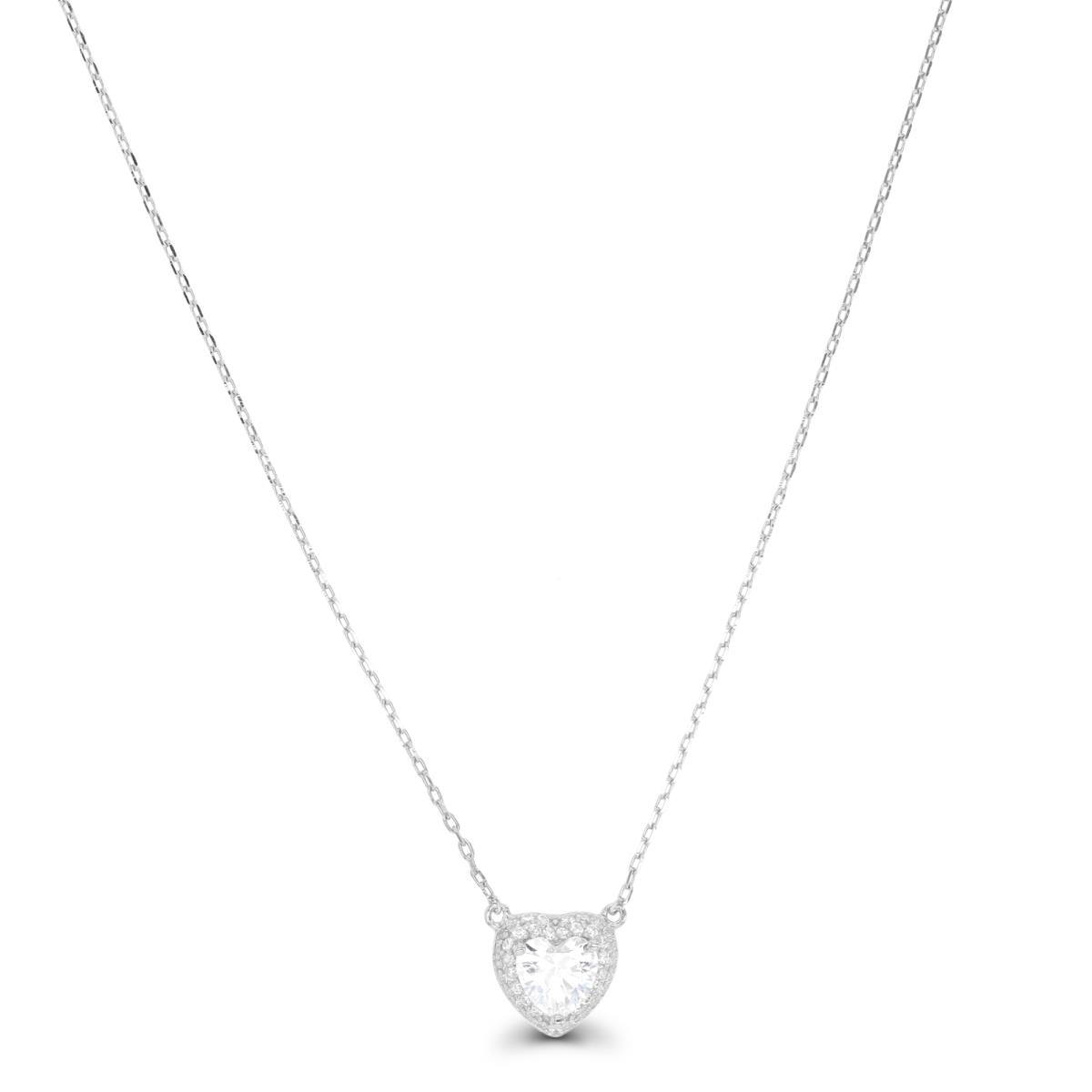 Sterling Silver Rhodium 6mm Heart CZ Domed Halo Dangling 16"+2" Necklace