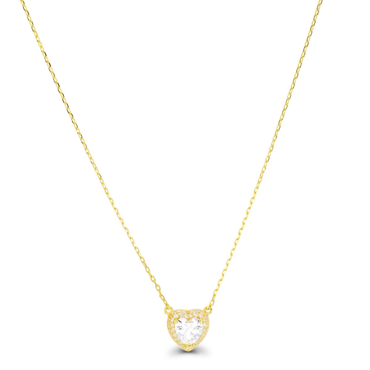 Sterling Silver Yellow 1-Micron 6mm Heart CZ Domed Halo Dangling 16"+2" Necklace