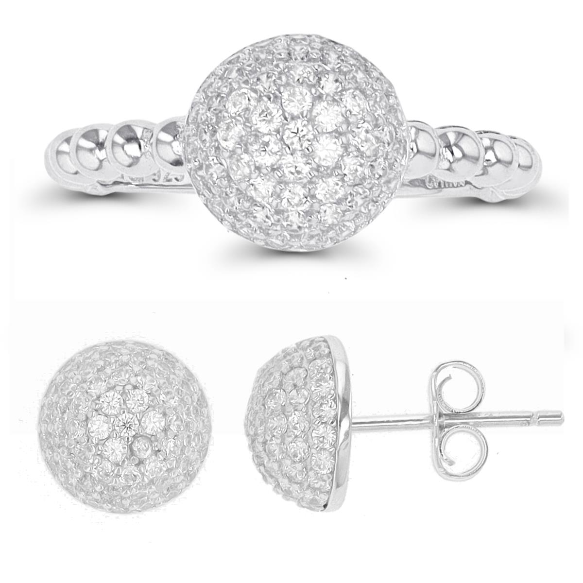 Sterling Silver Rhodium 9mm Paved Half Ball Ring & Earring Set