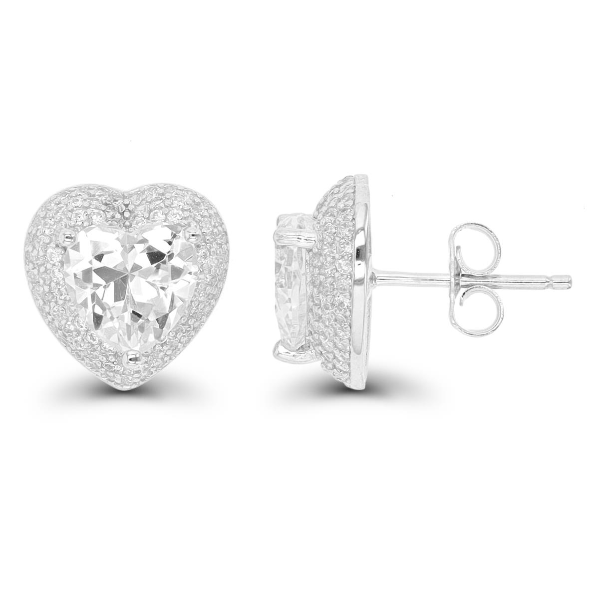 Sterling Silver Rhodium 8mm Heart CZ Domed Halo Stud Earring