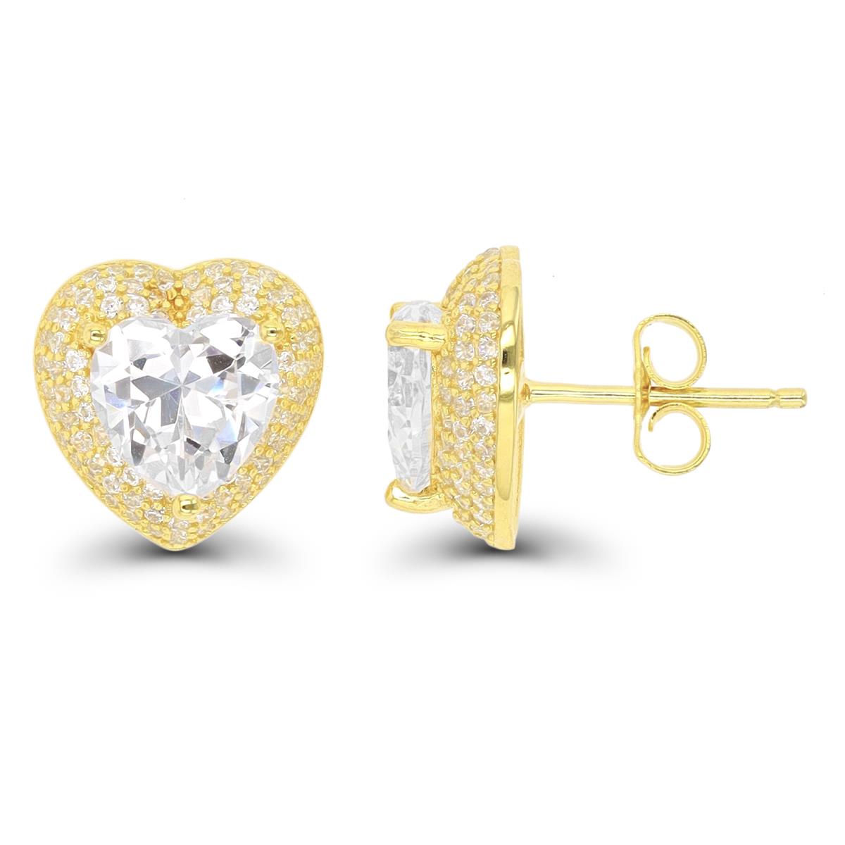 Sterling Silver Yellow 1-Micron 8mm Heart CZ Domed Halo Stud Earring