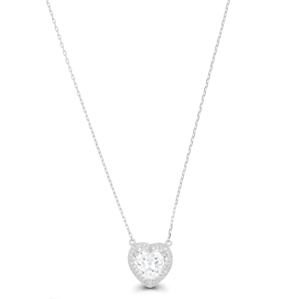 Sterling Silver Rhodium 8mm Heart CZ Domed Halo 16"+2" Necklace