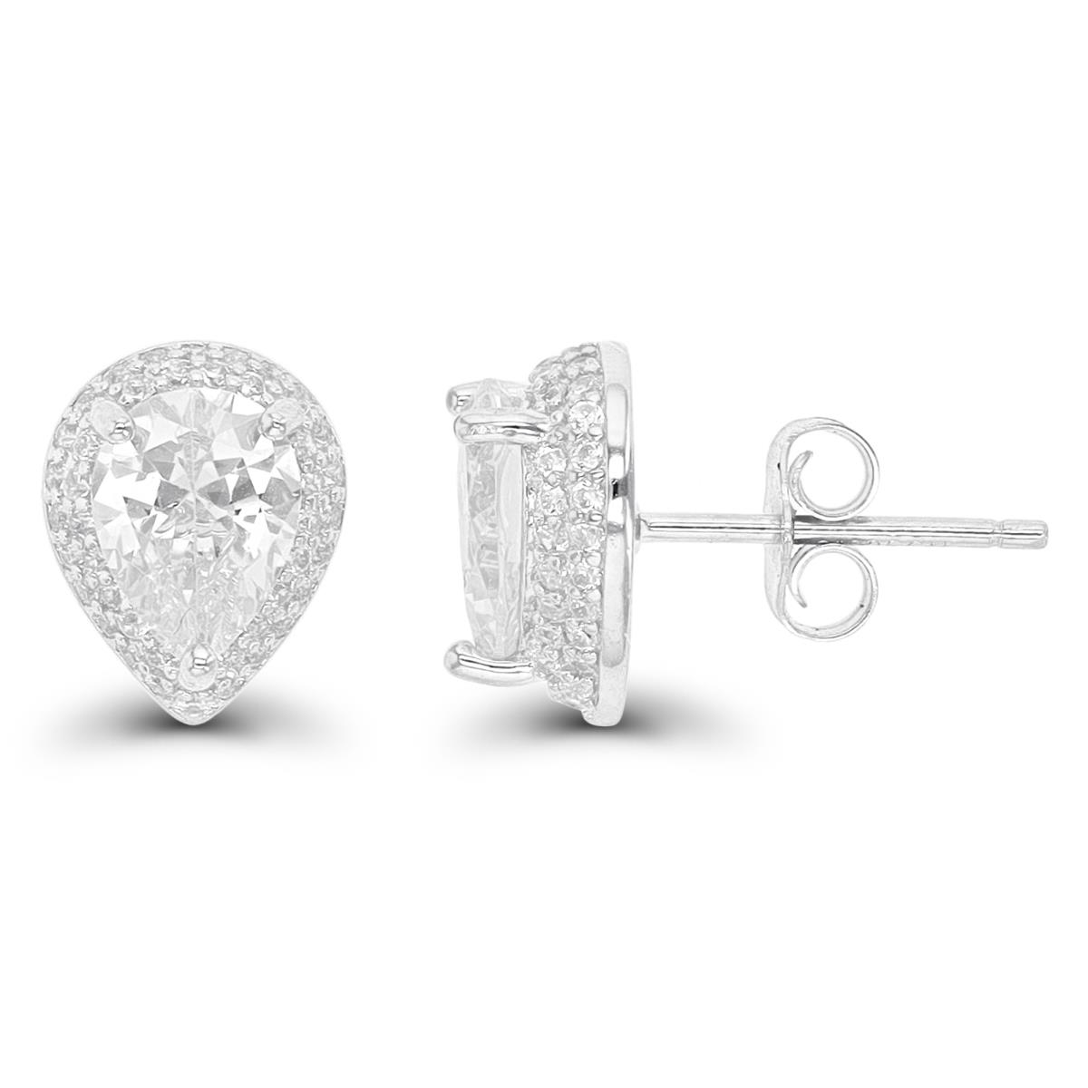 Sterling Silver Rhodium 8x6mm Pear CZ Domed Halo Stud Earring