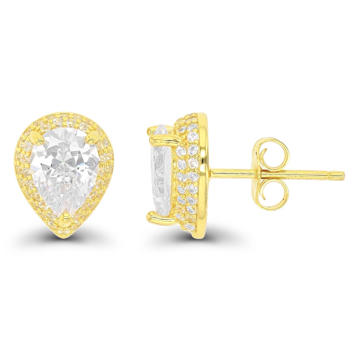 Sterling Silver Yellow 8x6mm Pear CZ Domed Halo Stud Earring