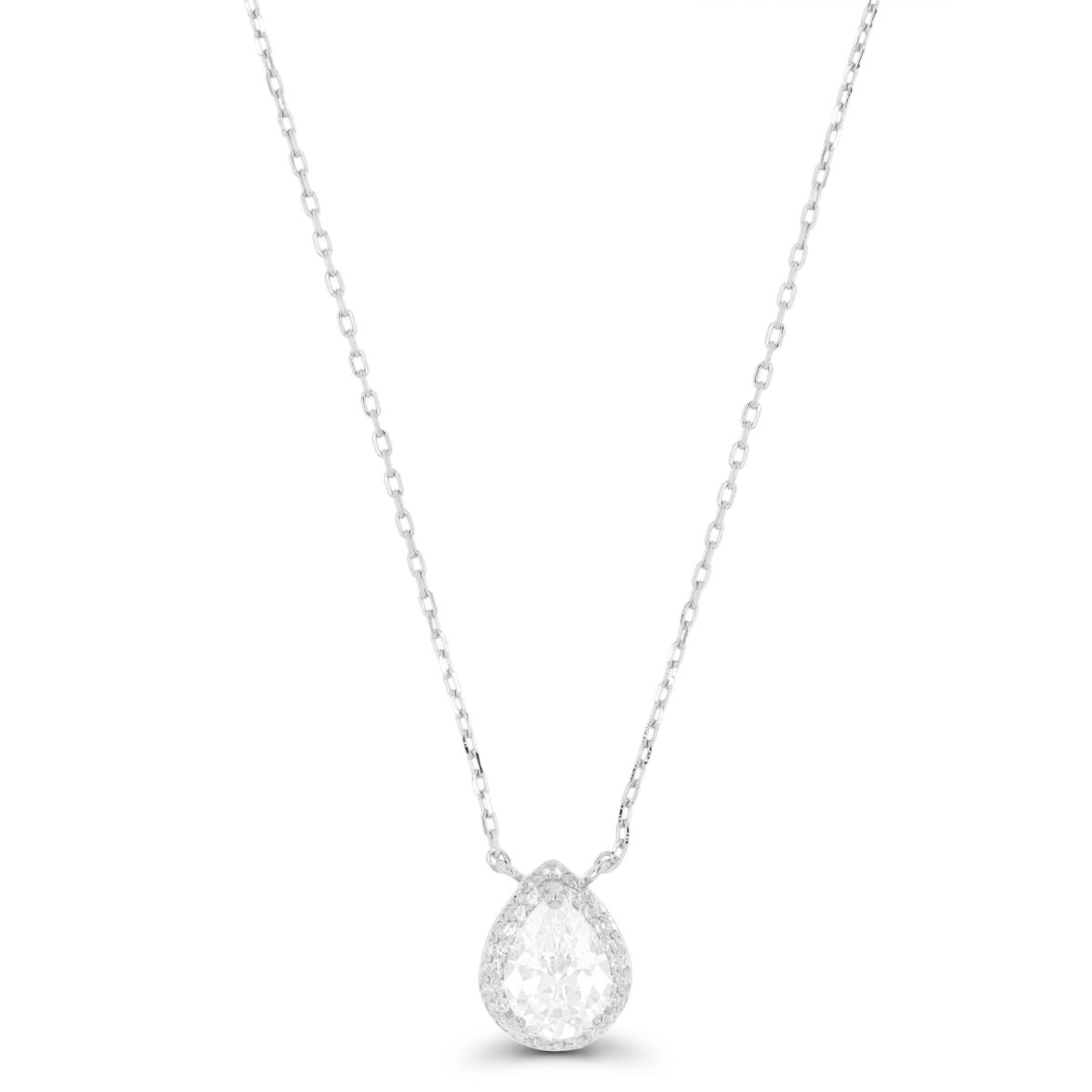 Sterling Silver Rhodium 8x6mm Pear CZ Domed Halo 16"+2" Necklace