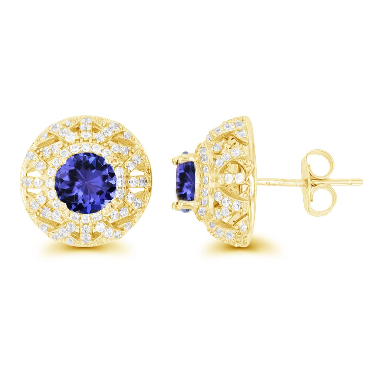 Sterling Silver Yellow 1-Micron 6mm Rd Tanzanite & White CZ Domed Stud Earring