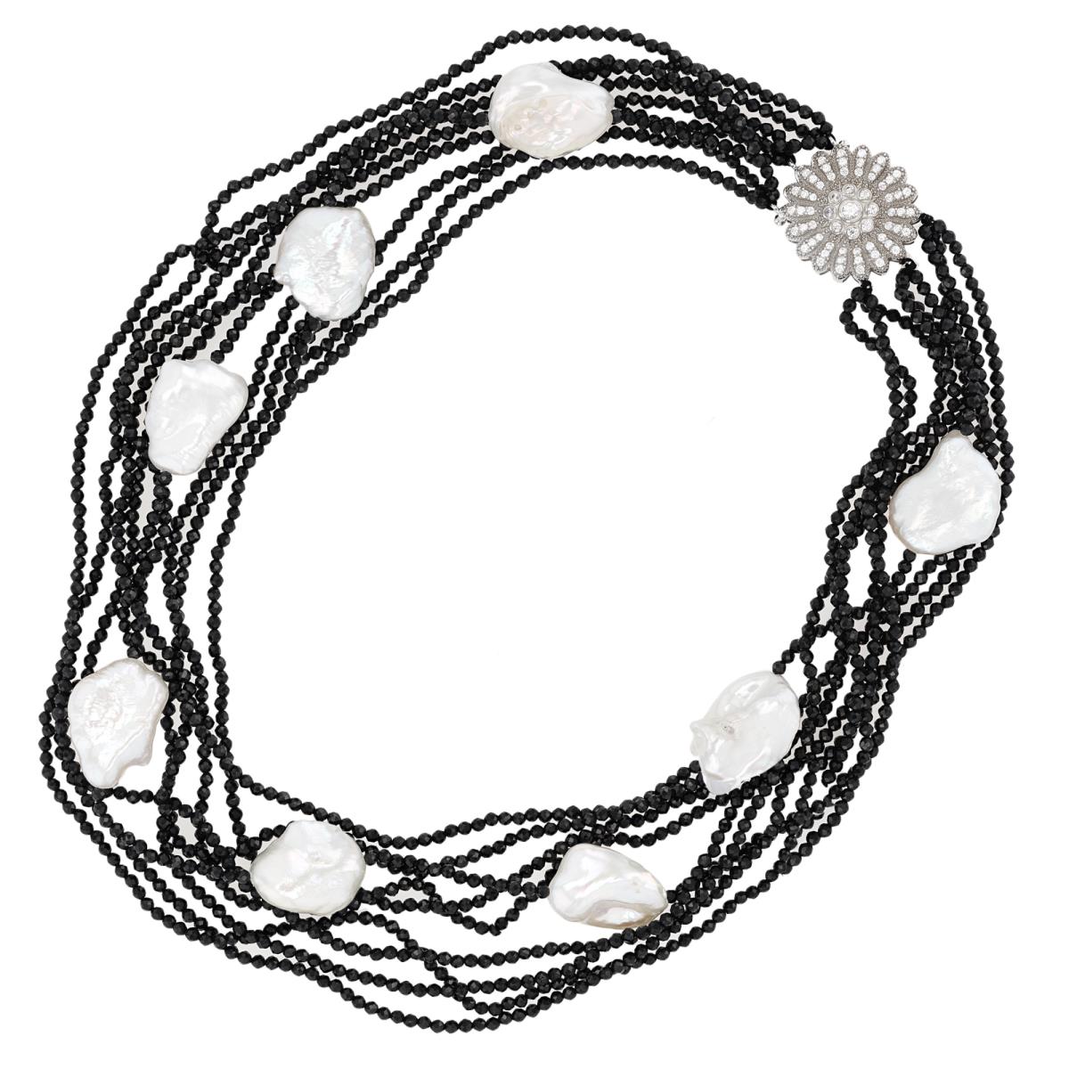 Sterling Silver Rhodium Kashi Pearls & Black Spinel Multi Strand 20" Necklace