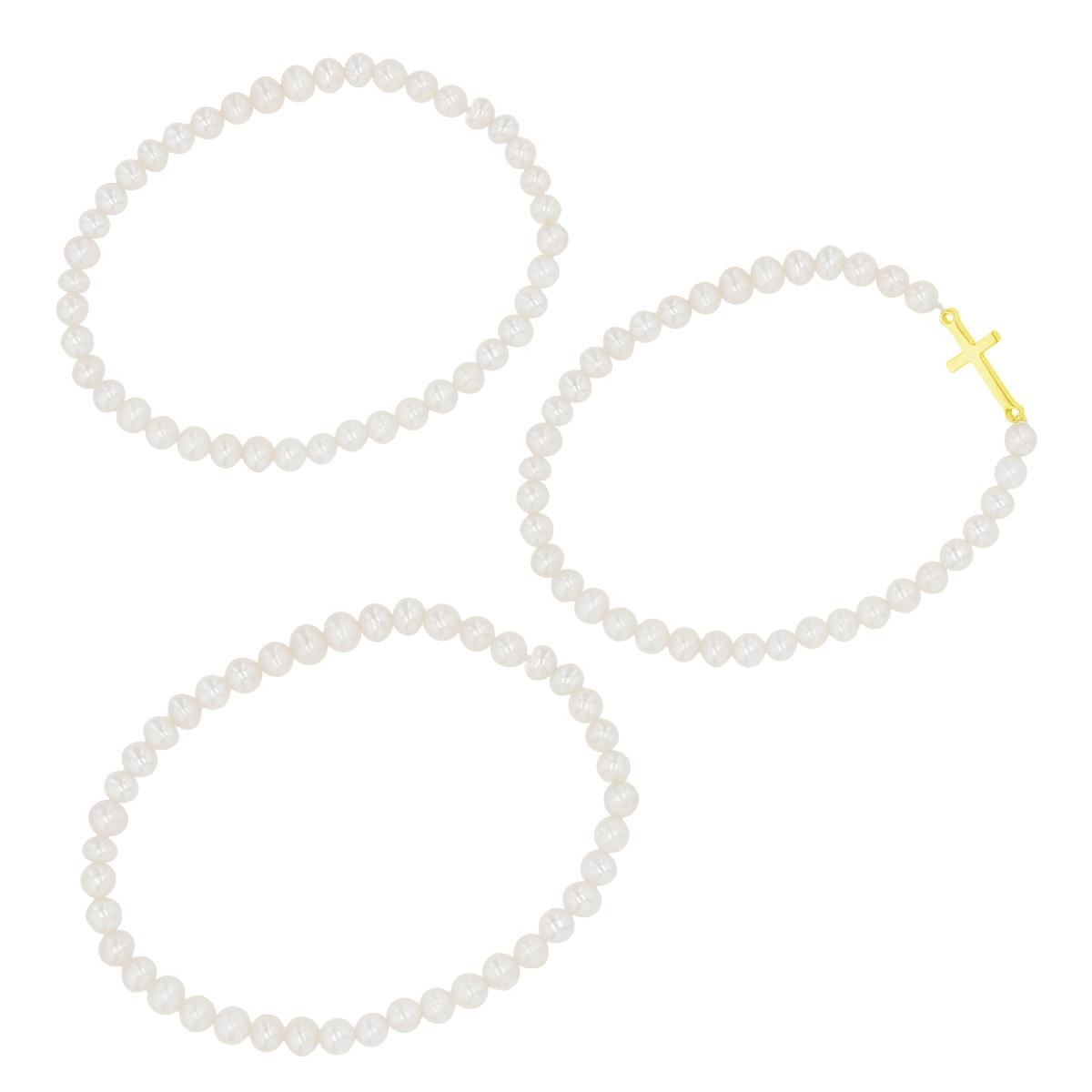 Sterling Silver Yellow 1-Micron 4-5mm Simulated Pearls Cross Stretch & Plain FWP Stretch Set of 3 Bracelet