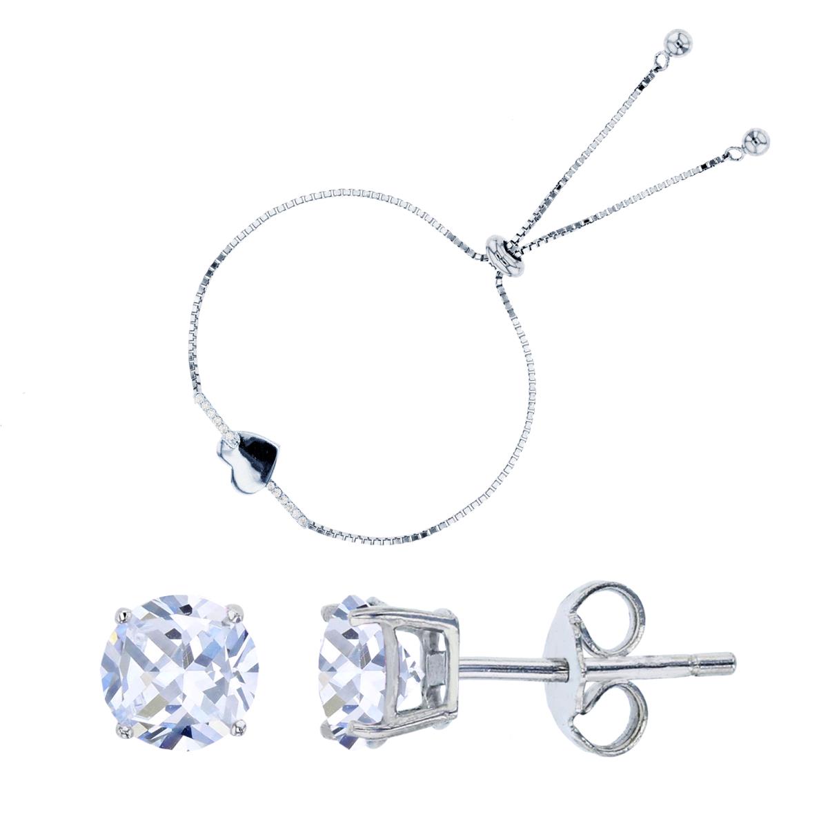 Sterling Silver Rhodium Rnd White CZ Arrow/ Heart Bracelet & 5mm Rd Stud Earring Set