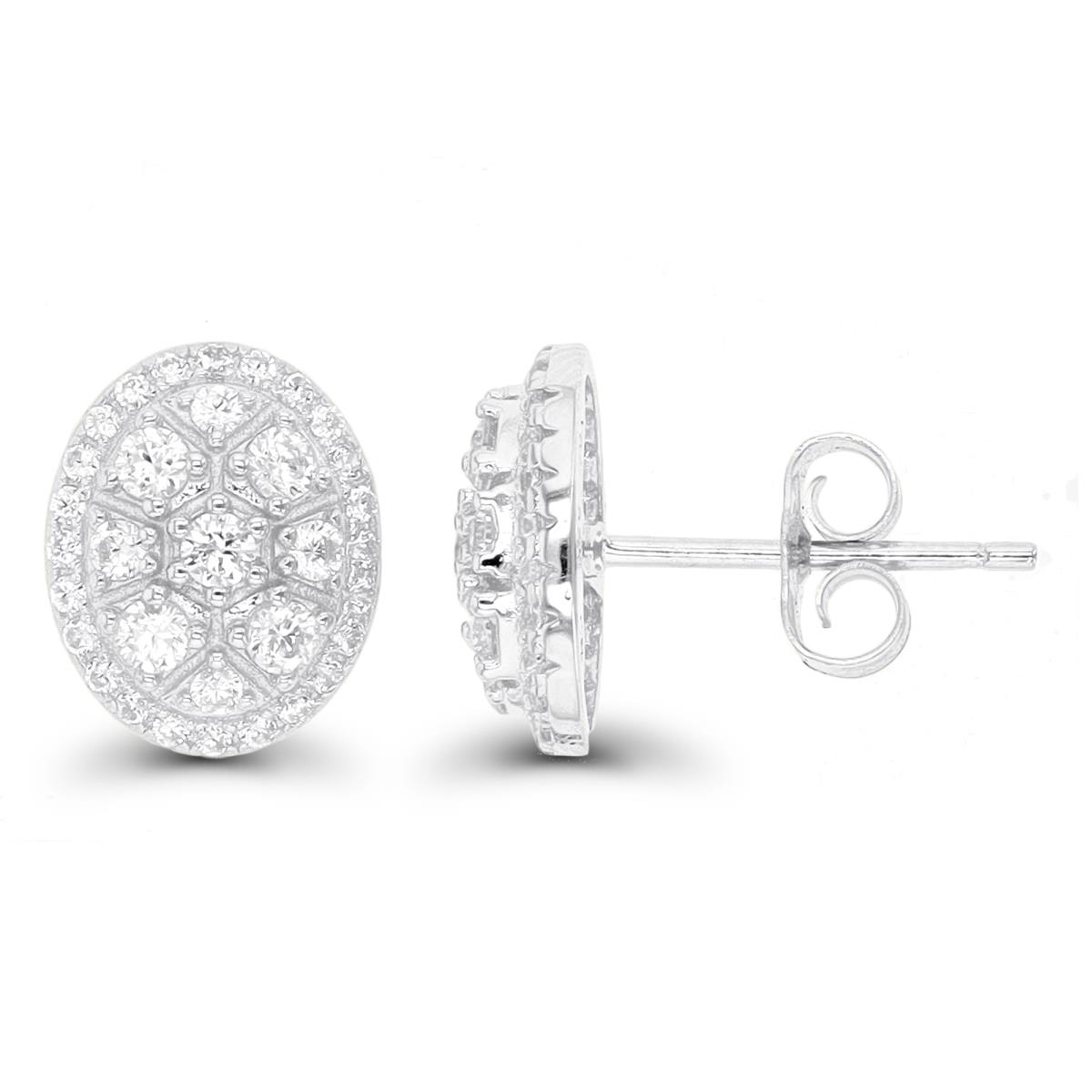 Sterling Silver Rhodium Paved Oval Stud Earring