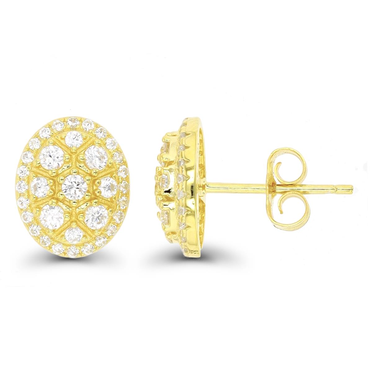 Sterling Silver Yellow 1-Micron Paved Oval Stud Earring