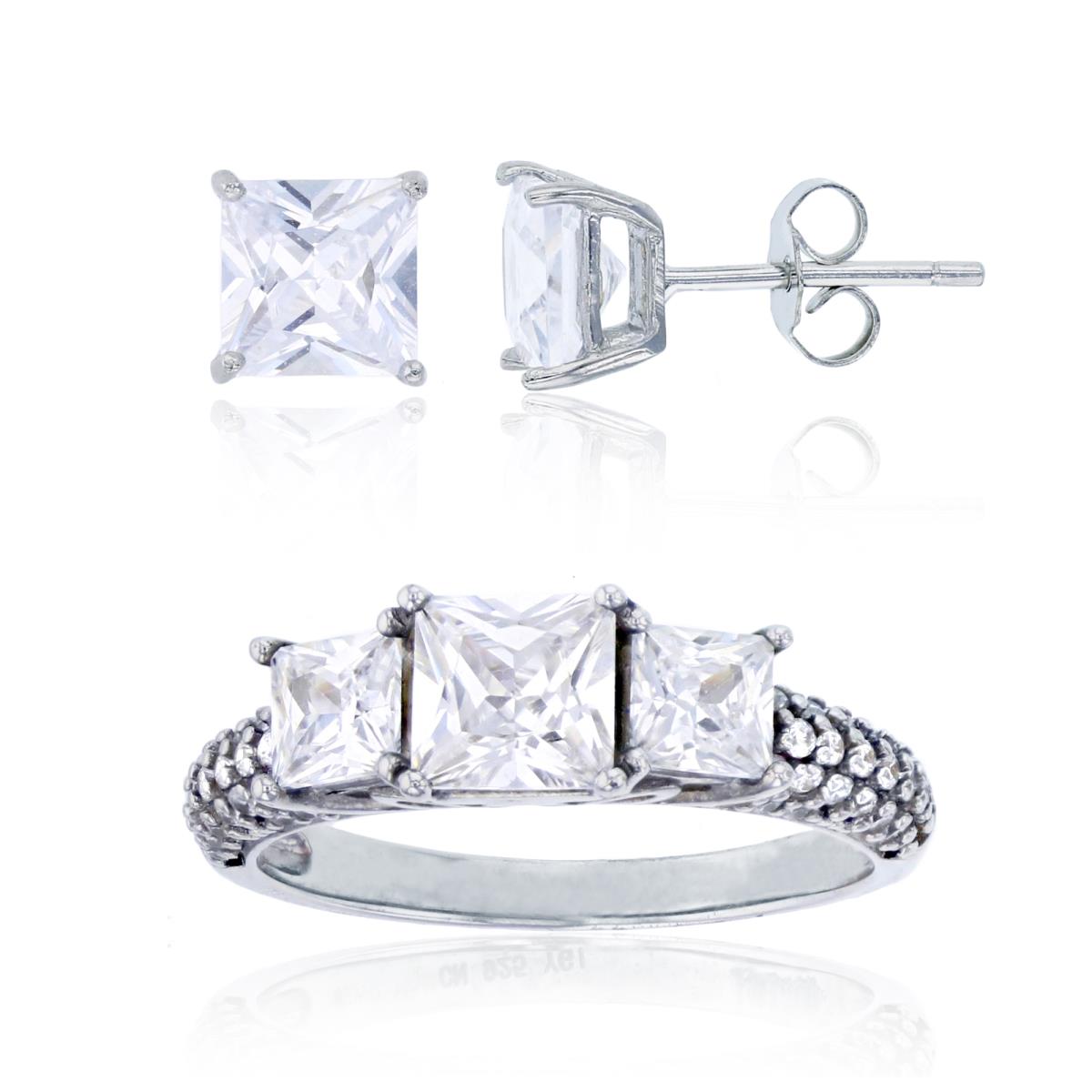 Sterling Silver 5.5mm Princess Cut 3 Stone Pave Ring & 6mm Square Stud Earring Set