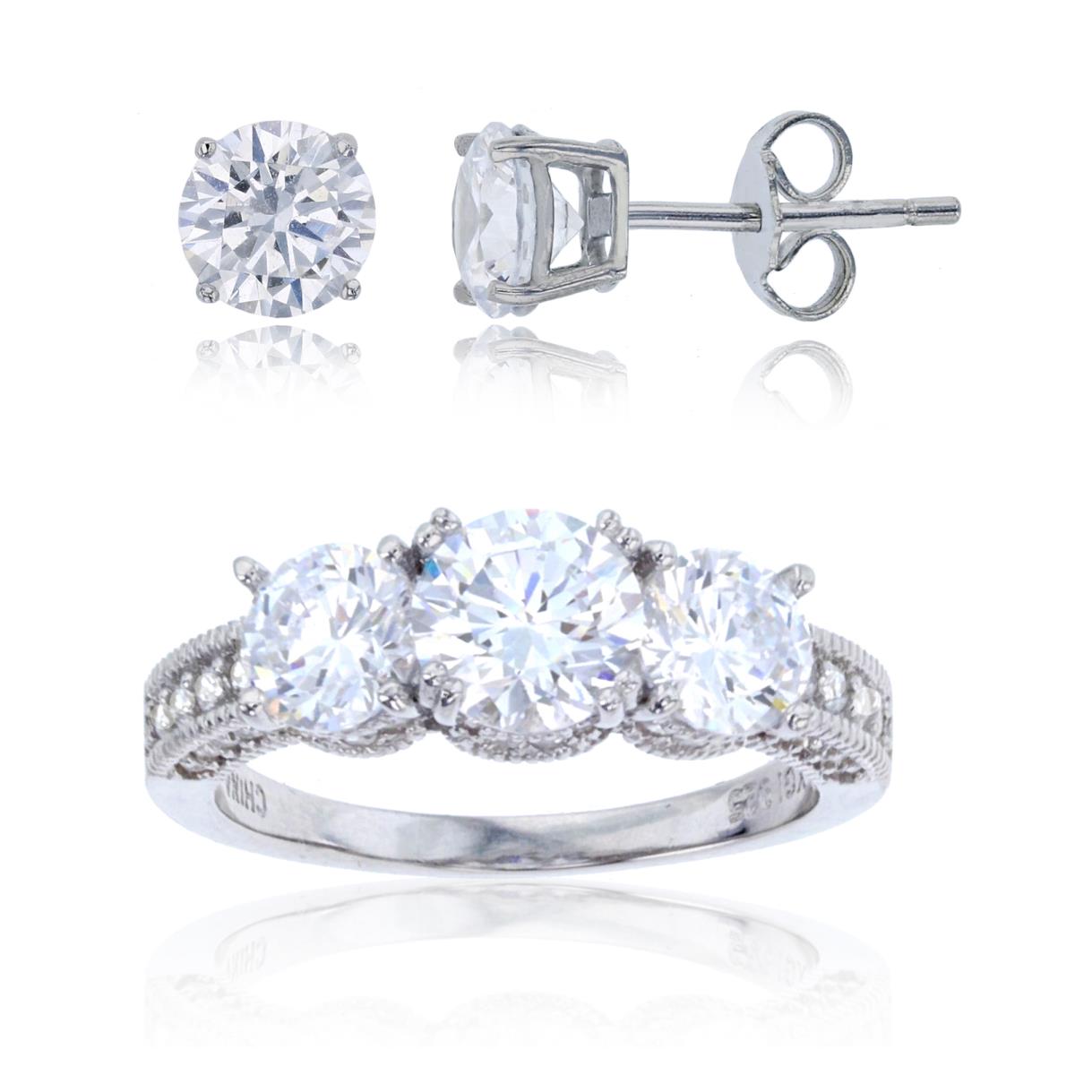 Sterling Silver 6.50mm Round 3 Stone Pave Ring & 6mm Round Stud Earring Set