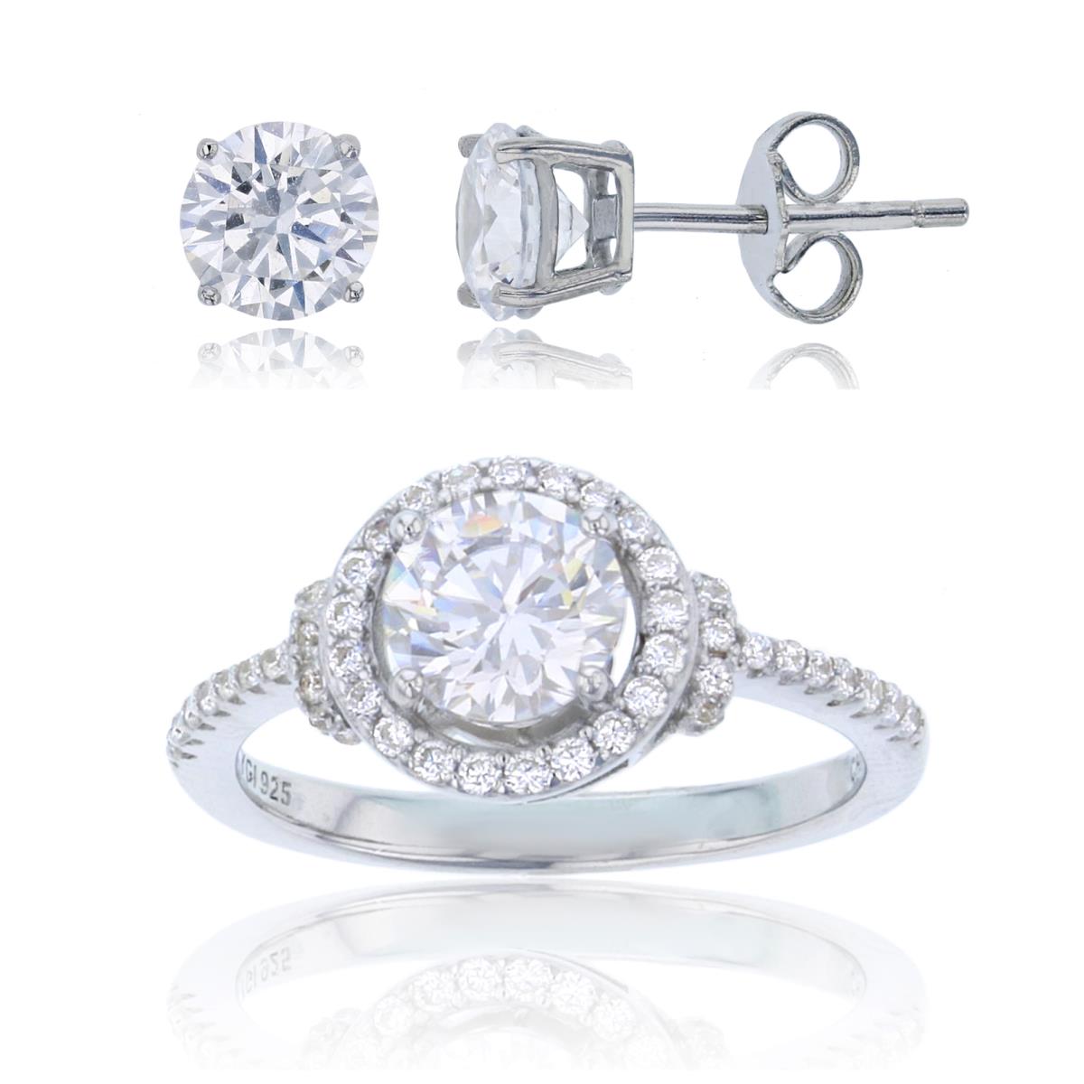 Sterling Silver 6.5mm Round Ring & 6mm Round Earring Set