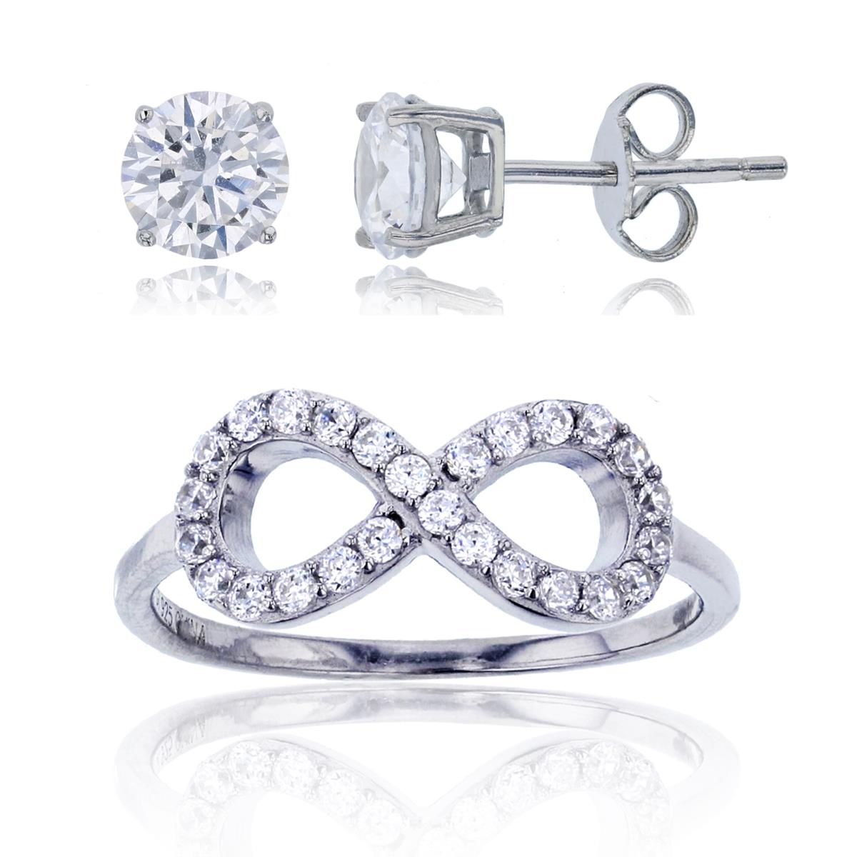 Sterling Silver Rhodium Pave Infinity Ring & 6mm Round Earring Set