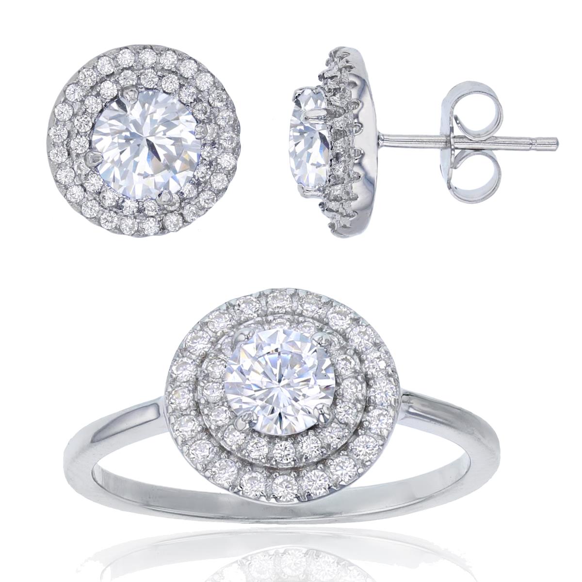 Sterling Silver 5mm Round Halo Ring & 6mm Double Halo Earring Set