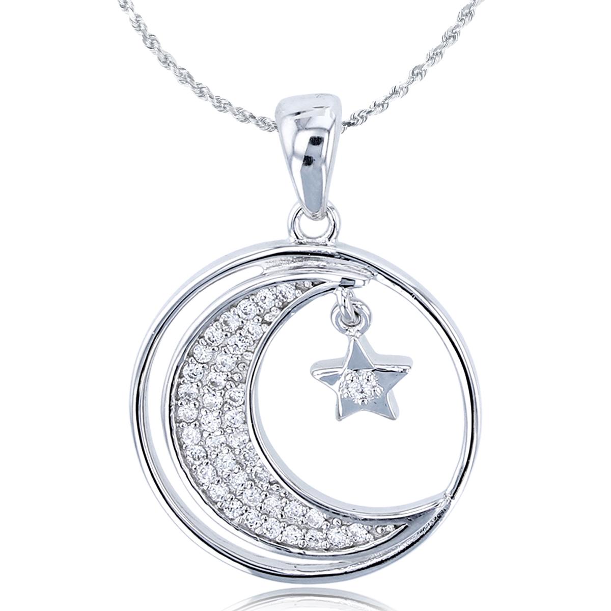 Sterling Silver Rhodium Rnd CZ Micropave Moon & Dangling Star in Circle 18"+2" Singapore Necklace