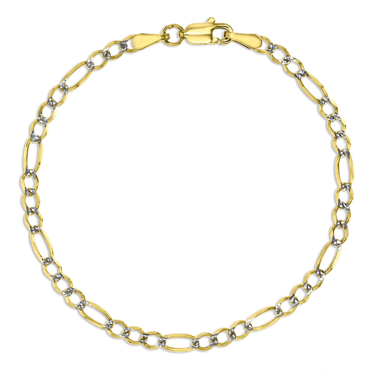 10K Two-Tone Gold 3mm 6" 080 Solid Figaro Pave Chain Bracelet