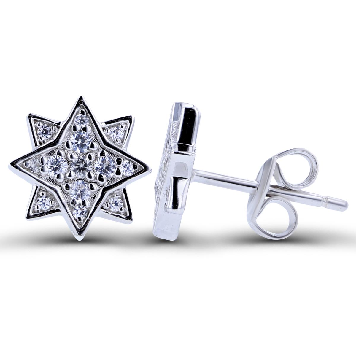 Sterling Silver Rhodium Created White Sapphire Paved Starburst Stud Earring