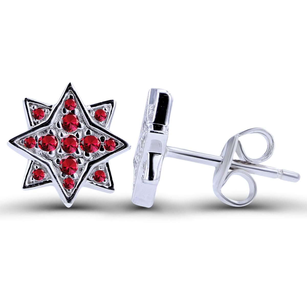 Sterling Silver Rhodium Created Ruby Paved Starburst Stud Earring