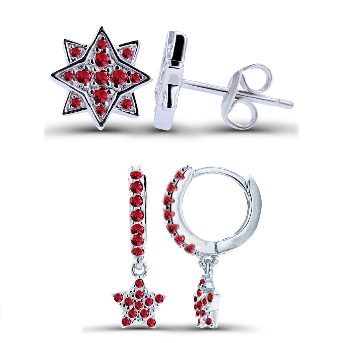 Sterling Silver Rhodium Created Ruby Starbust Stud & Dangling Huggie Earring Set
