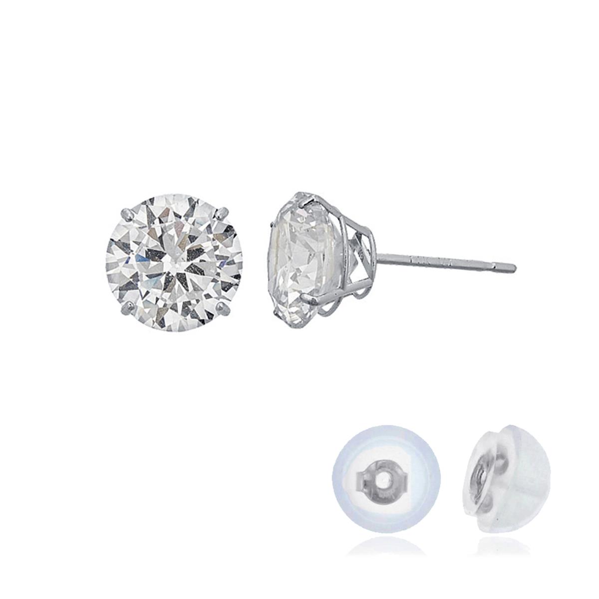 14K White Gold 4mm Rd Created White Sapphire Basket Solitaire Earring with Silione Back