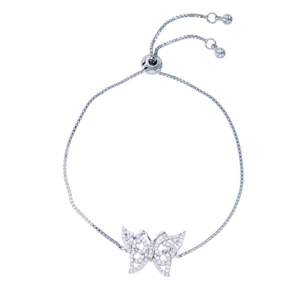 Sterling Silver Rhodium Rnd CZ Butterfly Adjustable Bolo Bracelet