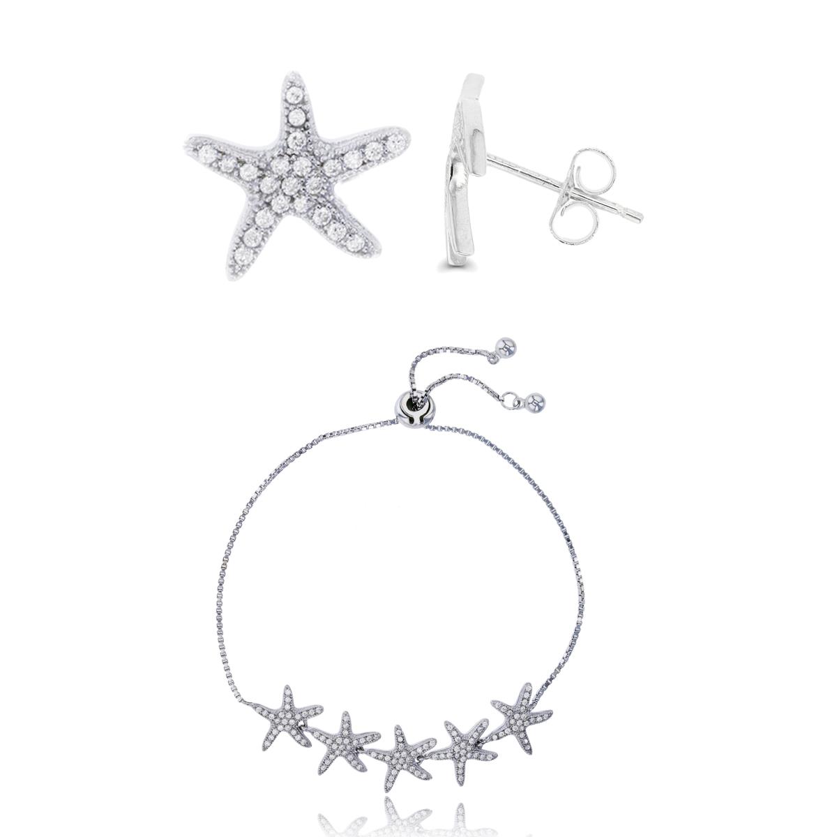 Sterling Silver Rhodium Micropave Starfish Adj Bracelet & Earring Set