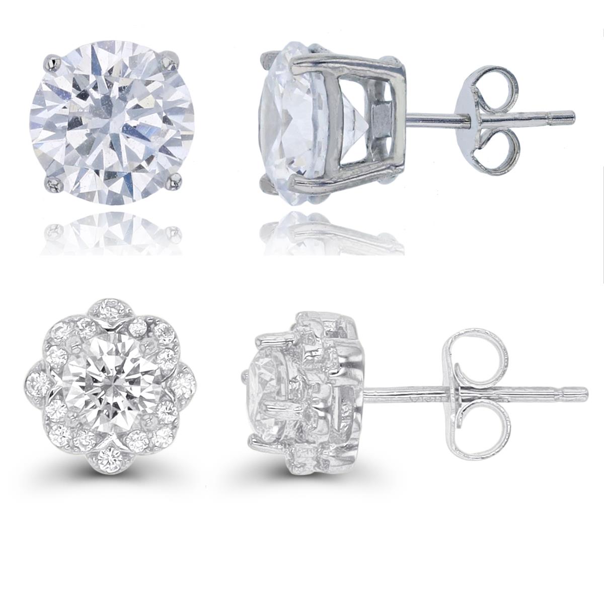 Sterling Silver Rhodium 5mm Rd CZ Cluster & 8mm RD Stud Earring Set