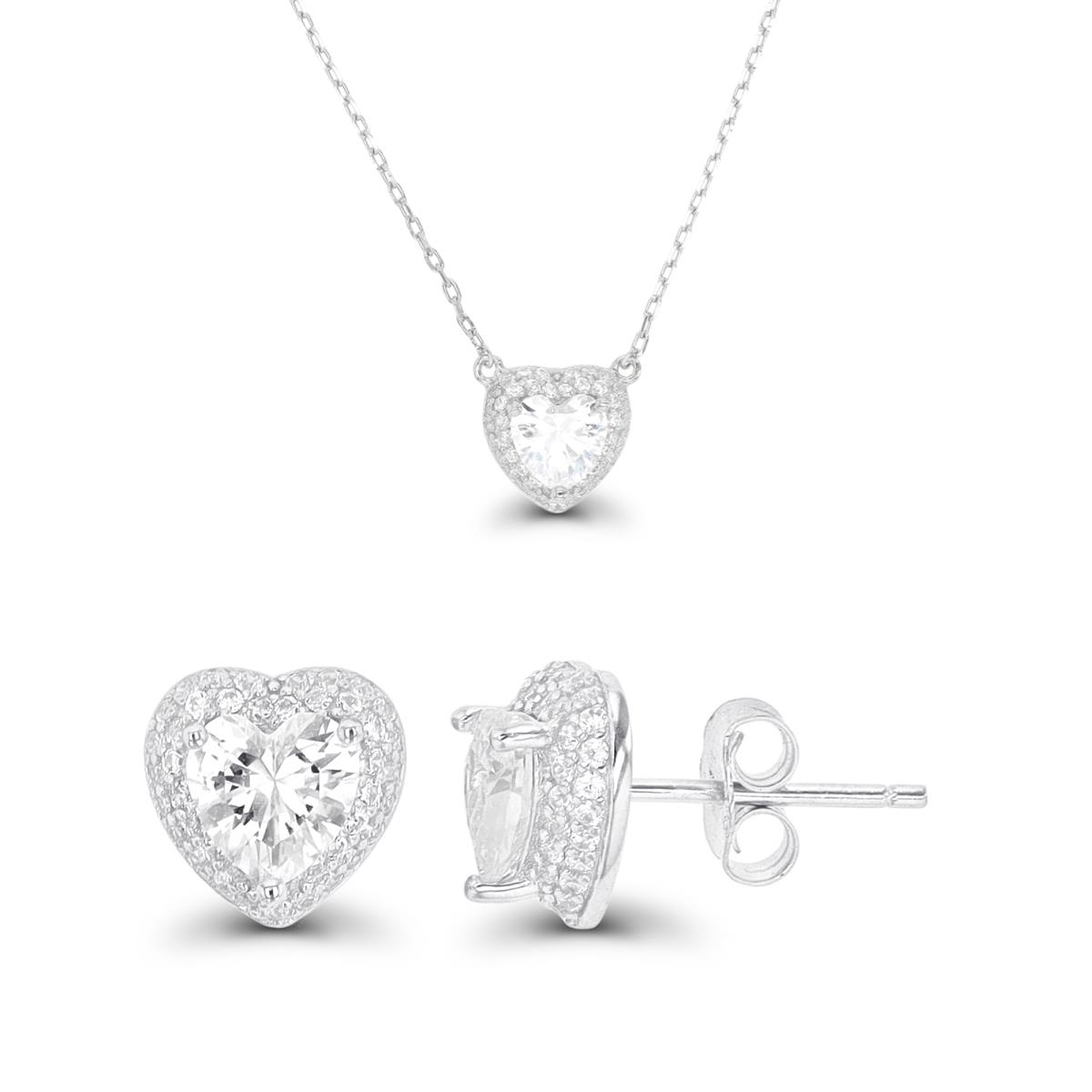 Sterling Silver Rhodium 6mm Heart CZ Domed Halo Earing & Necklace