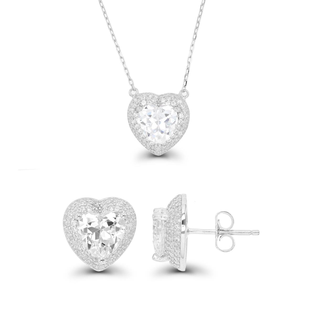 Sterling Silver Rhodium 8mm Heart CZ Domed Halo Earring & Necklace Set