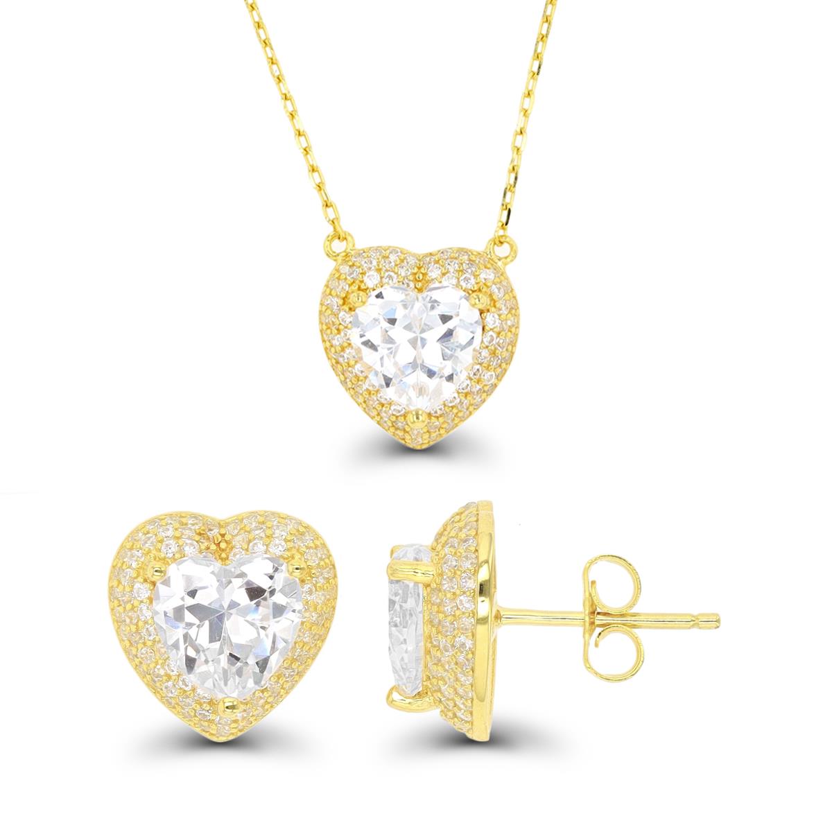 Sterling Silver Yellow 8mm Heart CZ Domed Halo Earring & Necklace Set