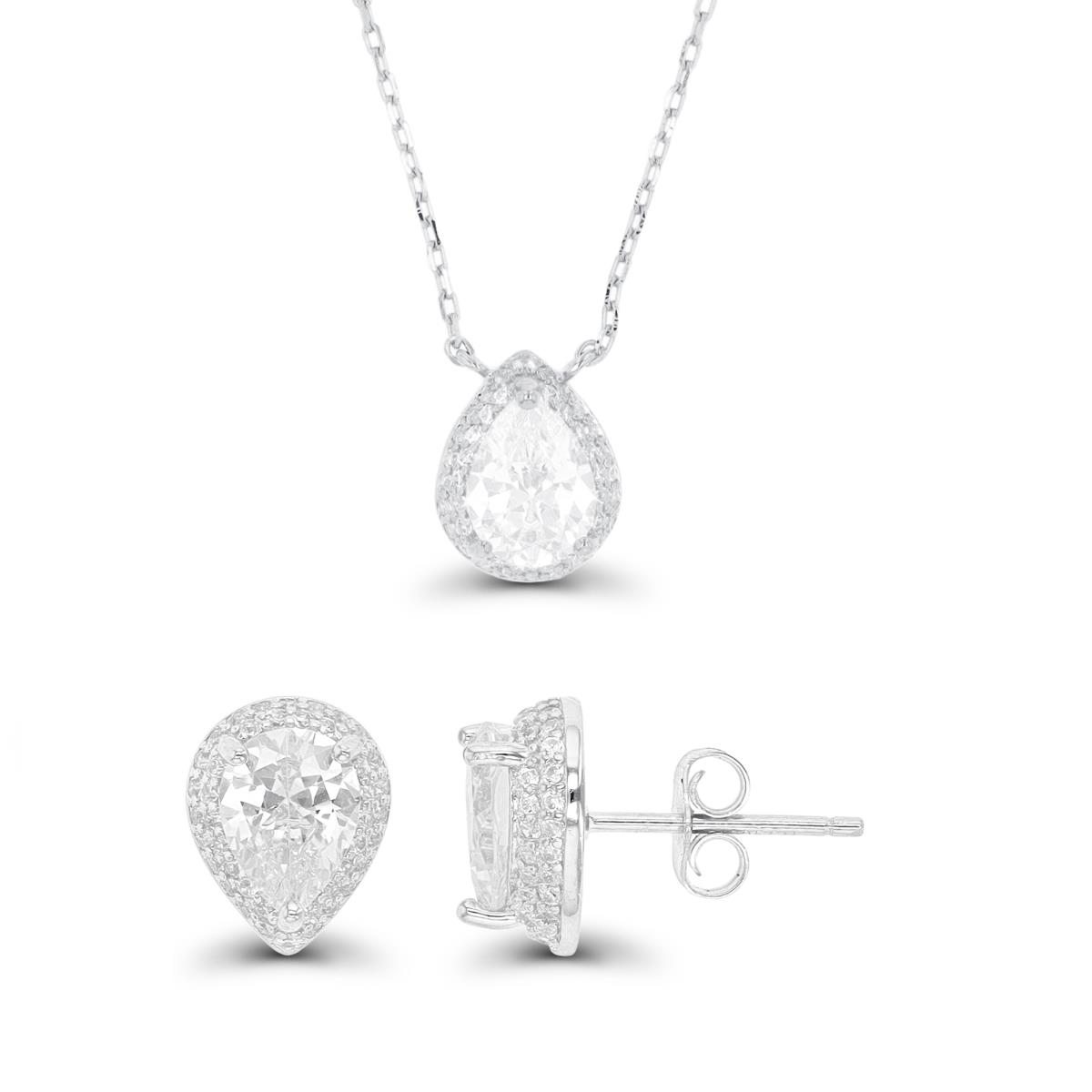 Sterling Silver Rhodium 8mm Pear CZ Domed Halo Earring & Necklace Set