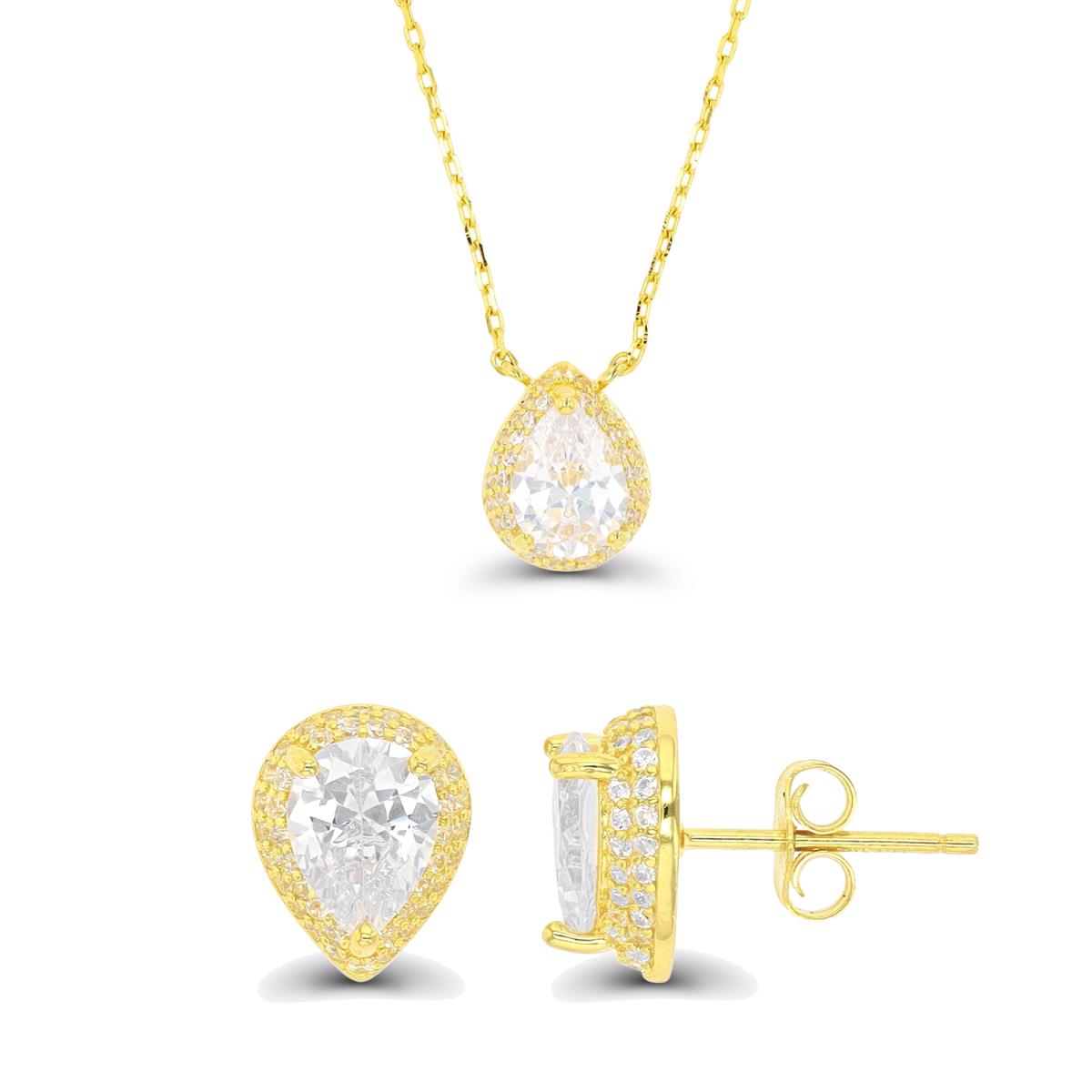 Sterling Silver Yellow 8mm Heart CZ Domed Halo Earring & Necklace Set