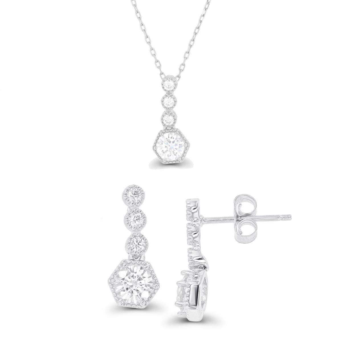Sterling Silver Rhodium 8mm Heart CZ Domed Halo Earring & Necklace Set