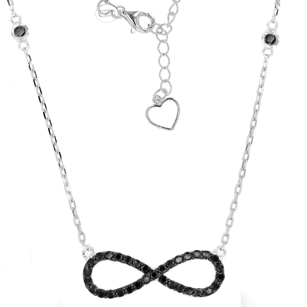 Sterling Silver Rhodium & Black Black Spinel Infinity 18"+2" Necklace