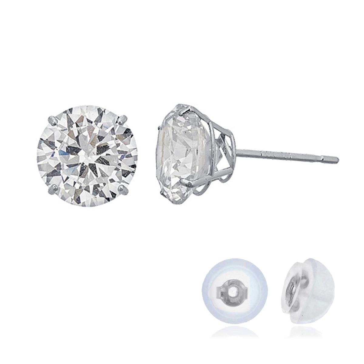 14K White Gold 7mm Rd Created White Sapphire Basket Solitaire Earring with Silicone Back